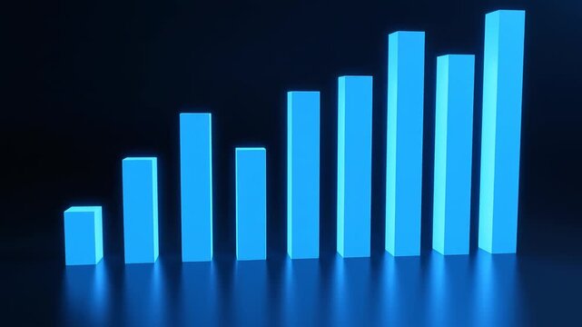 Blue bar graph increasing in height during a subtle camera zoom out against a dark background with cinematic motion
