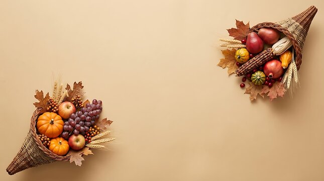 Handcrafted cornucopia filled with autumn fruits and greenery on neutral studio background