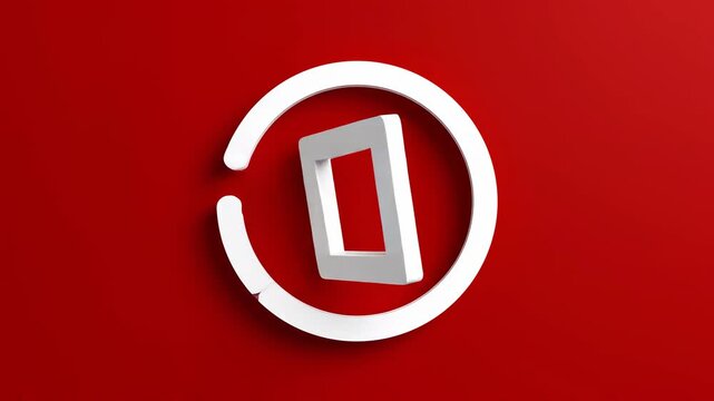 Abstract white play button icon rotates and animates with subtle lighting on red background motion graphics