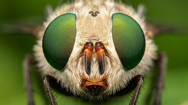Close up photograph showcases a fly head with vibrant green compound eyes