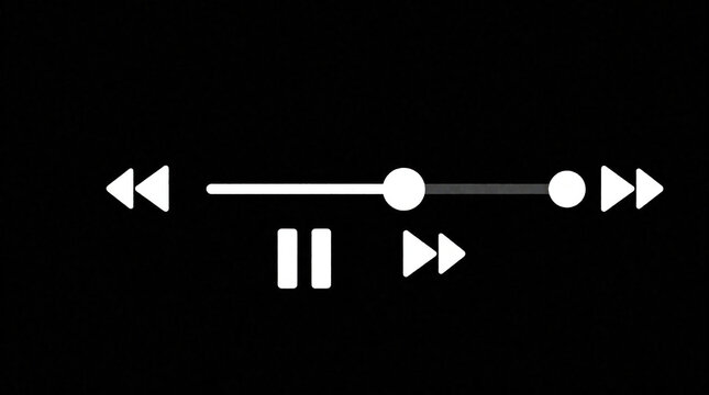 Digital audio player interface on black background. Minimalist music player controls show play pause buttons, seek bar. User adjust track progress skip songs using white icons. Modern podcast
