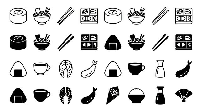 Large set of black and white Japanese food icons.
