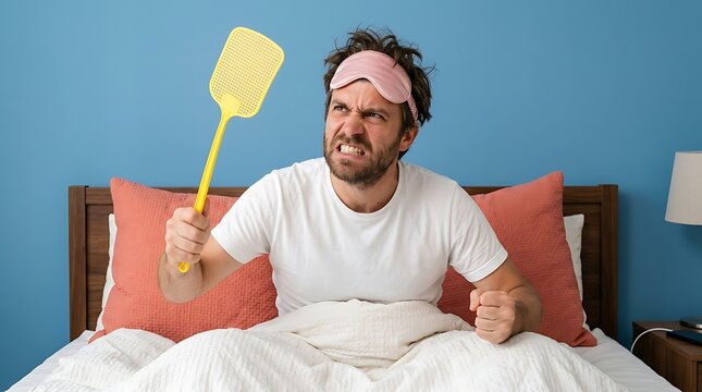 Man in bed clutches a yellow fly swatter with a frustrated expression