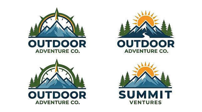 Outdoor adventure and mountain summit logo collection.