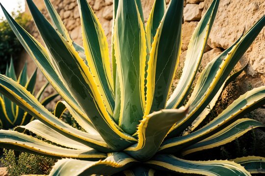 Large agave americana variegata plant with yellow, green striped leaves. Sharp succulent grows in garden near stone wall. Decorative desert flora shows beautiful patterns, textures. Tropical agave