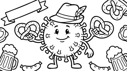 Fototapeta premium Cartoon virus character in traditional hat holding pretzel, surrounded by beer mugs and sausages, black and white outline illustration