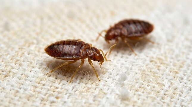 Two bed bugs crawling on a textured white fabric surface