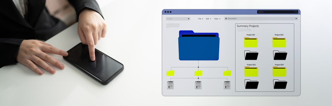 Professional Businessman Using Smartphone While Interacting with Digital Folder Interface on a Screen. Bitwise.