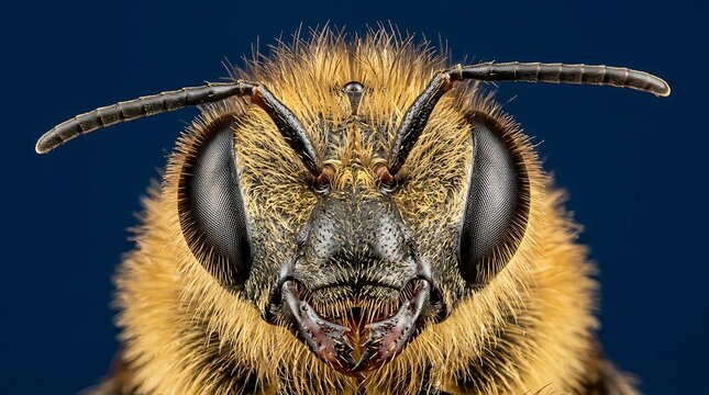 Macro photograph showcases a honeybee head with detailed fur and large eyes