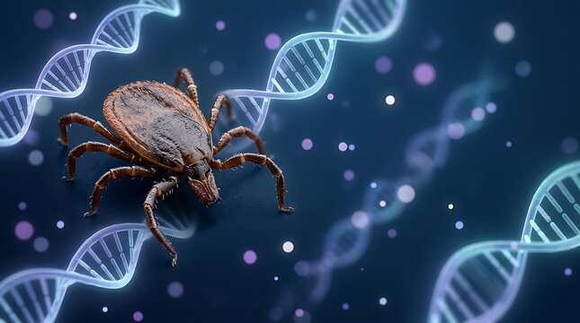 A brown tick is pictured with glowing deoxyribonucleic acid strands in the background