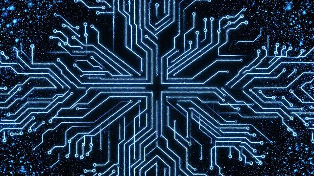 Abstract digital snowflake formation with circuit board patterns during dark night