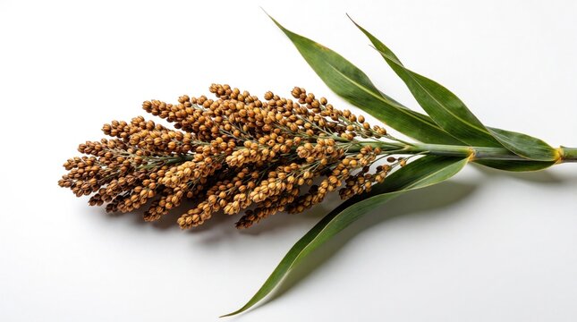 Close up of sorghum plant with brown grain head, green leaves. Single stalk of cereal crop lies on white background. Organic grain seed macro detail for agriculture, food production, healthy diet
