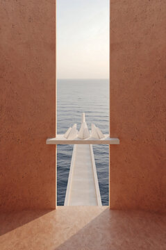 A narrow stone corridor with a rectangular opening looking out onto a calm blue sea, featuring a white bridge extending towards the horizon