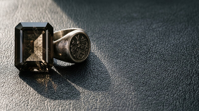Faceted Smoky Quartz Gemstone Resting Beside Antique Signet
