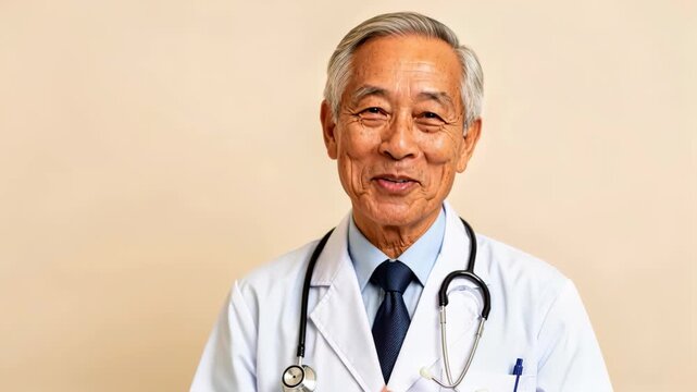 Portrait of a Kind Doctor: A smiling elderly Asian doctor wearing a white coat and stethoscope, exuding warmth and professionalism.
