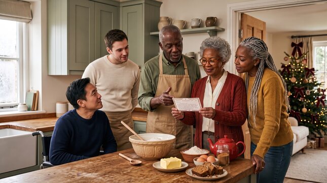 A joyful family gathering in the kitchen, sharing recipes and laughter during the holiday season, creating lasting memories together.