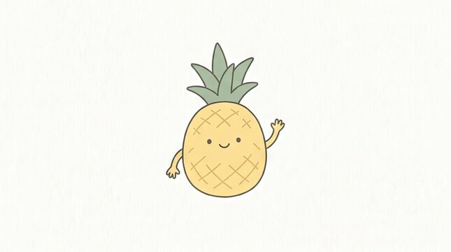 Cute smiling cartoon pineapple character waving on white background.