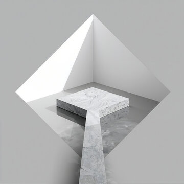 A white marble square platform extending from a corner in a minimalist room with geometric shadows and bright light on a gray background