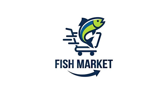 Fish market logo with jumping fish and shopping cart.