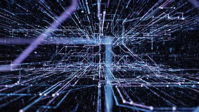 Abstract digital network pathways glowing with blue light in a dark void during futuristic data transmission