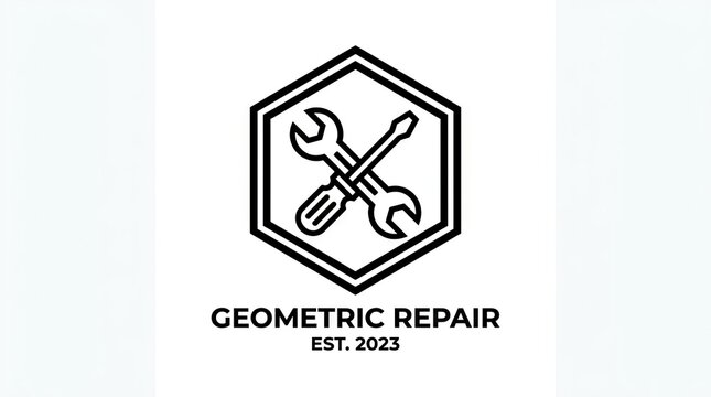 Geometric repair service logo with wrench and screwdriver tools.