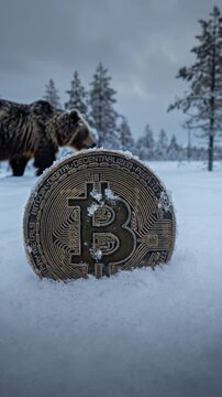 Bitcoin coin partially buried in snow represents crypto winter concept, highlighting financial downturn and metaphor for market conditions amidst frosty landscape. Video made using Generative AI.