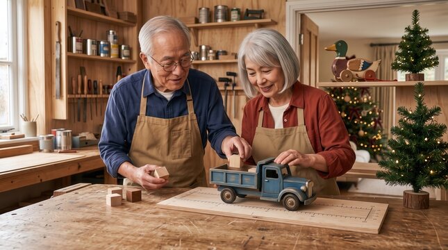 An elderly couple enjoys crafting a toy truck together in a cozy woodworking shop decorated for the holidays.
