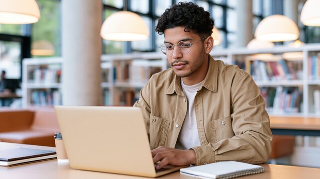 Young business major student using laptop for AI study outline in library
