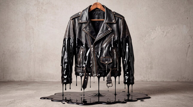 Black leather jacket dissolving into glossy black liquid drips in a simple background with a focus on texture and form