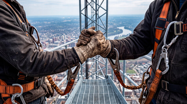 High altitude workers shake hands atop a tower spire during a work shift