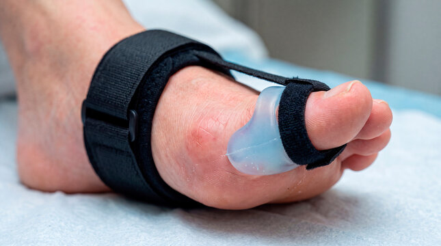 Macro close up of silicone toe separator for realigning valgus big toe in a clinical setting