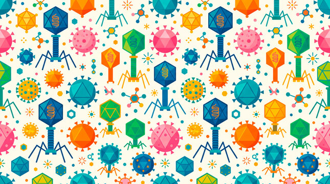 Modern flat virus bacteriophage medical seamless pattern for educational and design purposes