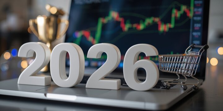 Financial outlook for 2026 with stock market growth trends and consumer shopping cart concept on laptop screen