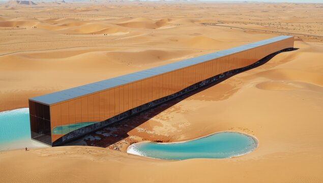 Futuristic long golden building structure stretching across vast desert sand dunes with turquoise water pools nearby