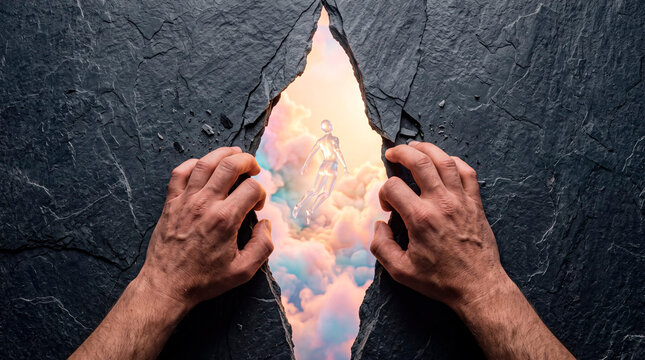Hands split slate layer to show weightless cloud silhouette concept