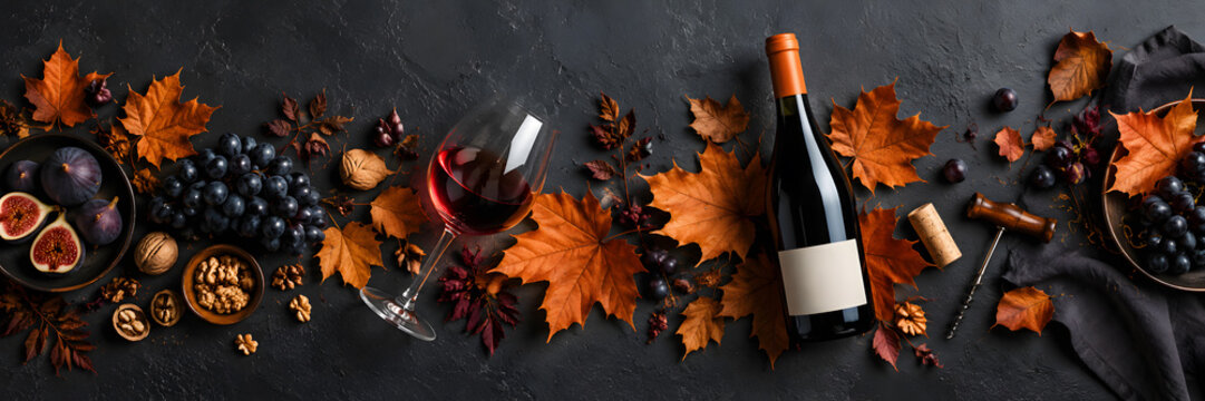 Autumn Wine Tasting Banner with Red Wine, Grapes, Figs, and Fall Leaves