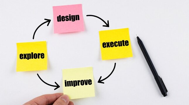 Diagram shows continuous improvement cycle design explore execute improve process using colorful sticky notes and pen. Teamwork planning strategy for business growth and innovation.