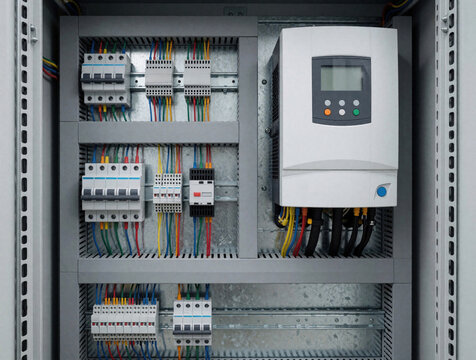 Industrial electrical panel inside metal cabinet. Features VFD, circuit breakers, and wiring. Clean installation for power control and automation systems.