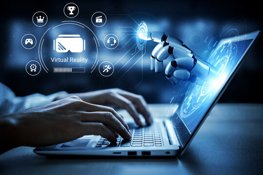 A futuristic scene depicting a user typing on a laptop, with a robotic hand emerging to interact with a virtual reality interface, showcasing advanced technology and innovation. Nascent