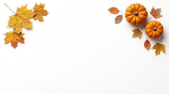 Autumn Leaves and Pumpkins Arranged on White Background