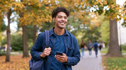Fototapeta premium Young man with headphones and backpack walks on campus listening to audio content