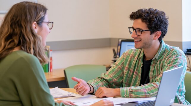 Students discussing academic matters with an advisor in a modern office setting