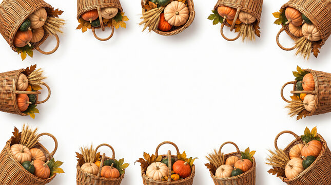 Wicker Baskets Filled with Pumpkins and Autumn Leaves Arranged in a Frame on White Background