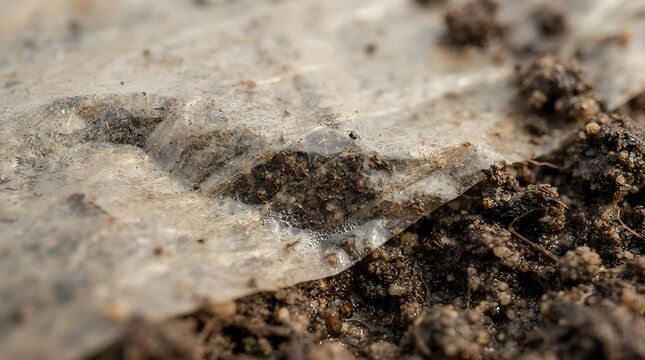 Close-up of soil texture with organic matter and dark earth particles scattered across light sandy ground