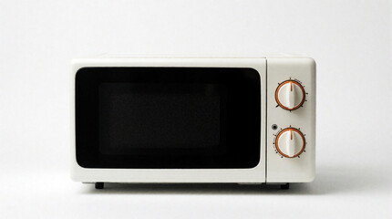 Obraz premium Retro cream microwave oven with black door sits isolated on white background. It has two orange and white control dials for heating food. Small appliance with classic design for kitchen use.