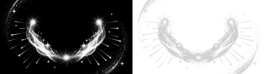 A stunning PNG file featuring glowing silver magic waves, bright stars, and sparkling trail elements isolated on a transparent background for festive designs. © Tatyana