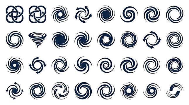 Collection of spiral and vortex icons showing circular rotation.