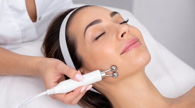 Young Woman Receiving Professional Microcurrent Facial Treatment At Modern Beauty Spa Clinic, Rejuvenating Skin Care Procedure For Anti Aging Benefits