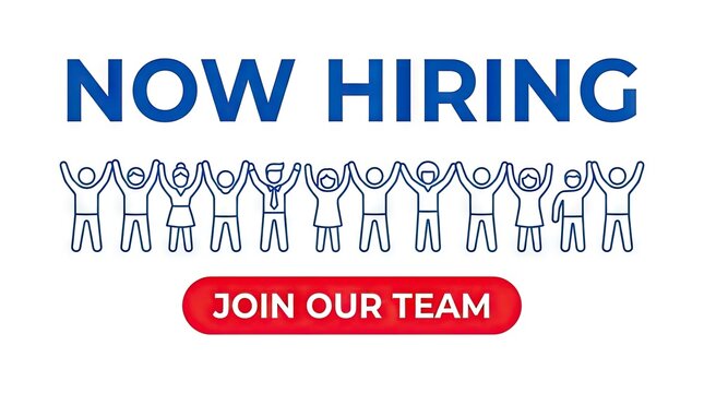 Now hiring banner with human paper cutouts and button.
