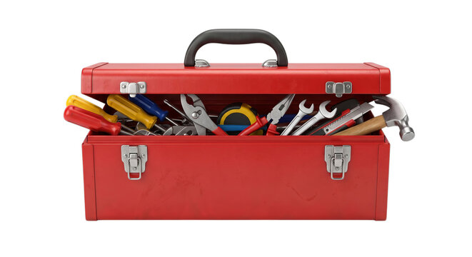 Red toolbox filled with assorted metal tools for repair work